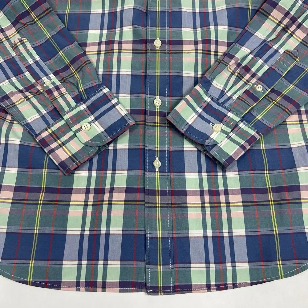 J. Crew Slim Secret Wash Blue Orange Plaid Long Sleeve Button Shirt Men’s Large